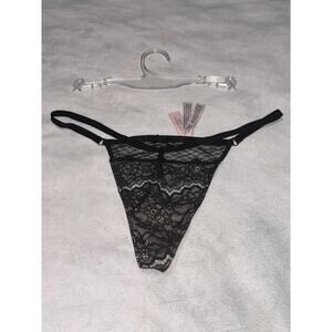 NWT Black Floral Lace & Mesh Thong Panty - Strappy Detail - Size L